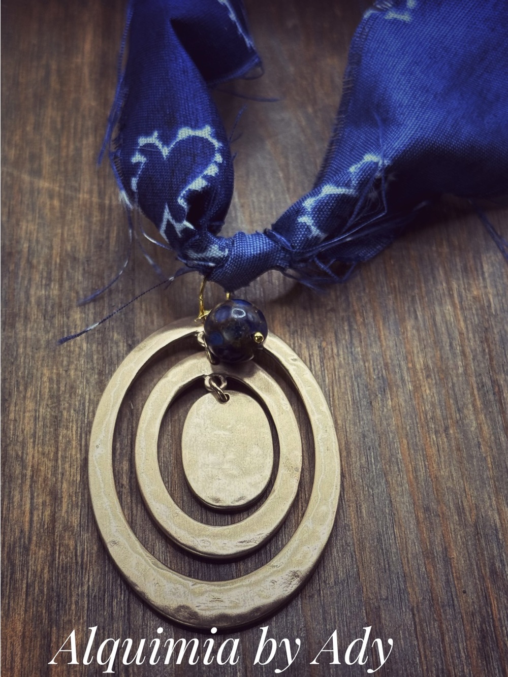 Fall Navy Silk Necklace with Gold-Tone Concentric Oval Pendant